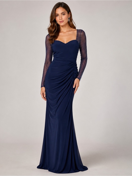 La Femme Dresses & Skirts - La Femme Navy Rhinestone Mesh Sleeve Sweetheart Formal Gown Size 4